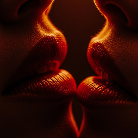 Close up of sensual female lips. Sexy female lips on dark background.の素材