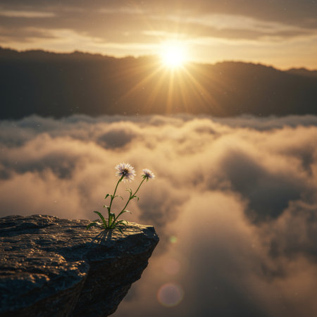 Beautiful sunrise over the sea of clouds with a little white flowerの素材