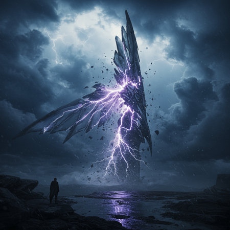 Fantasy image of a man standing in front of a stormy ocean.の素材