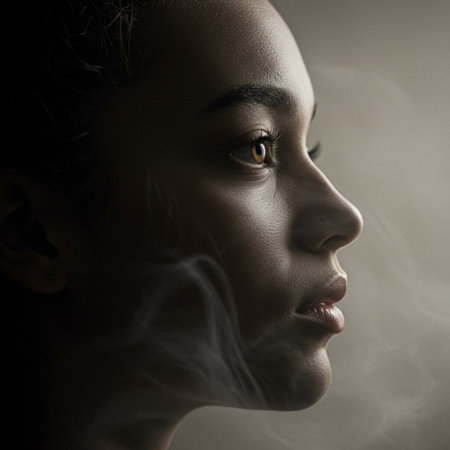 Portrait of a beautiful young woman with smoke on her face.の素材