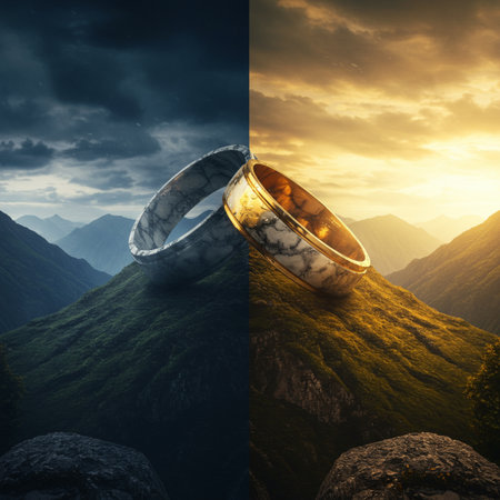 Wedding rings in the mountains. 3D render. Conceptual imageの素材