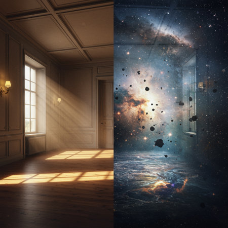 Interior of a dark room with an open door and a view of the night skyの素材