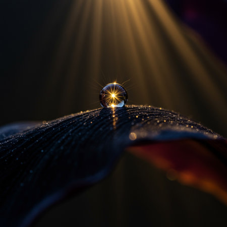 Water drop on a leaf with sunbeams in the background.の素材