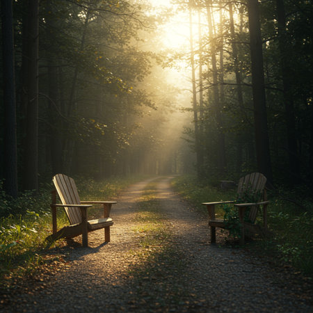 Two wooden chairs on a path in the autumn forest at sunrise.の素材