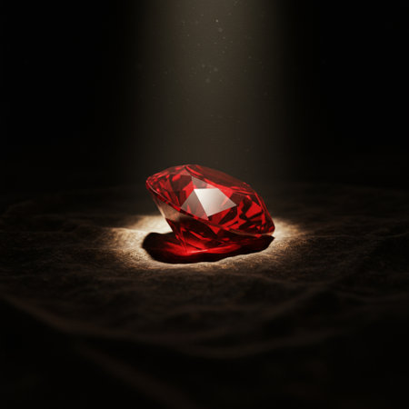 red diamond on a dark background with rays of light and shadow.の素材