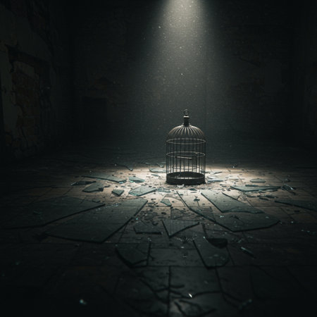 Abandoned birdcage in a dark room. 3d renderingの素材