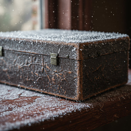 Old wooden suitcase on the windowsill in winter. Snowfall.の素材