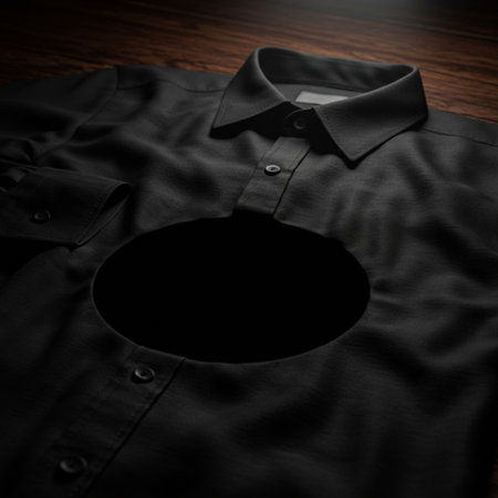 Black shirt with blank label on wooden background. Shallow depth of fieldの素材