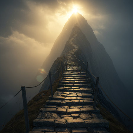 Stairs leading to the summit of a mountain in the clouds.の素材
