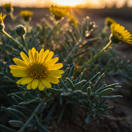 Yellow flower in the field at sunset. Soft focus, shallow DOF.の素材