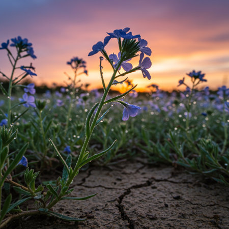 Sunset in the field with blue wildflowers and dry soilの素材