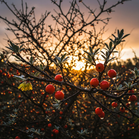 Red berries on a branch of a bush in the rays of the setting sunの素材