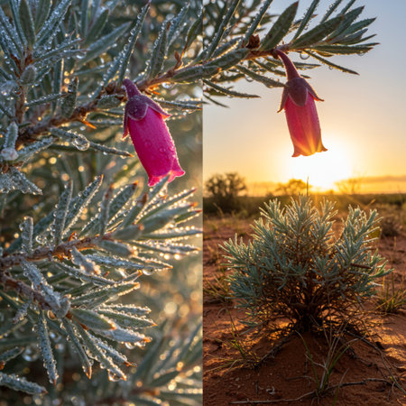 Frosty morning on the branches of a spruce in the desert.の素材