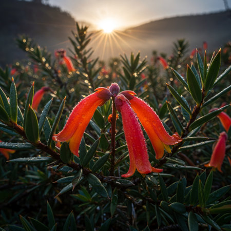 Red rhododendron flowers with dew drops in the morningの素材