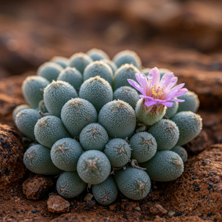 Close up of Mammillaria fulgida flower in the desertの素材