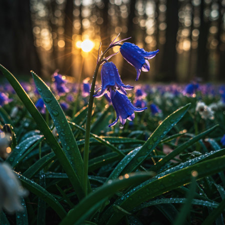 Bluebells in the forest at sunrise. Early spring in Europe.の素材
