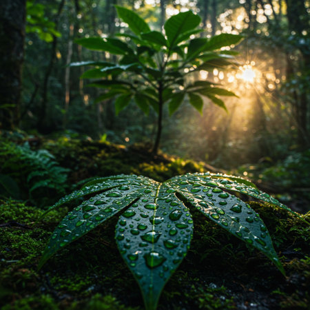 Green leaf with morning dew in the forest. Natural background.の素材
