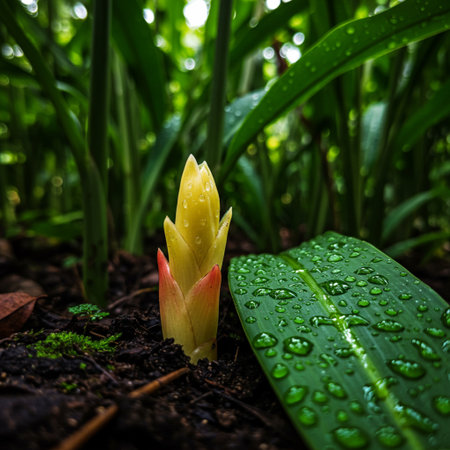 Tropical flower in the garden with rain drops on the leavesの素材