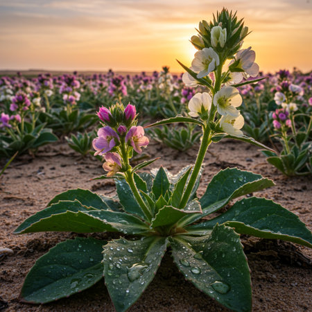 Flowering plants in the field at sunset. Beautiful natural background.の素材