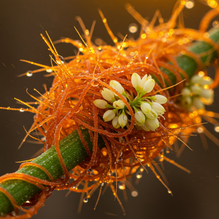 Close up of a yellow and orange flower on a twig.の素材
