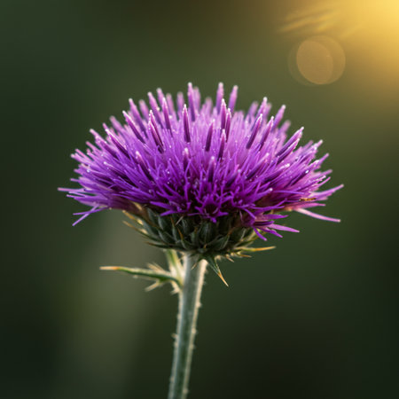 Close up of purple thistle flower in the field with sunlight.の素材