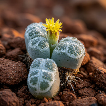 Small cactus with yellow flower growing in soil, selective focus.の素材