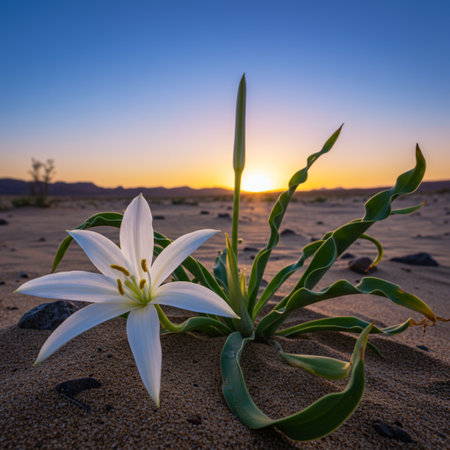 White lily flower in the desert at sunset. Natural background.の素材