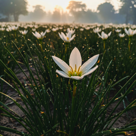 Beautiful white tulip flower in the field at sunrise time.の素材