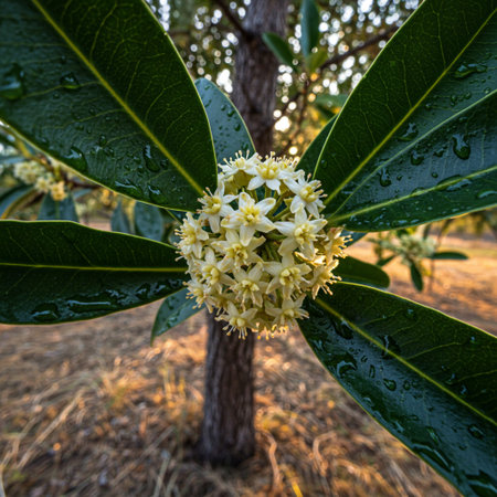 Flowering tree with green leaves and small white flowers in the gardenの素材