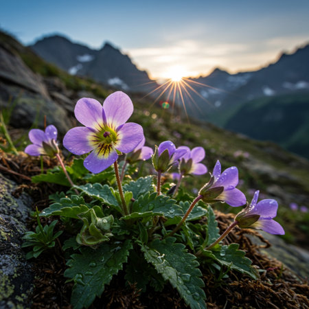 Violet flowers in the mountains at sunset. Beautiful summer landscape.の素材