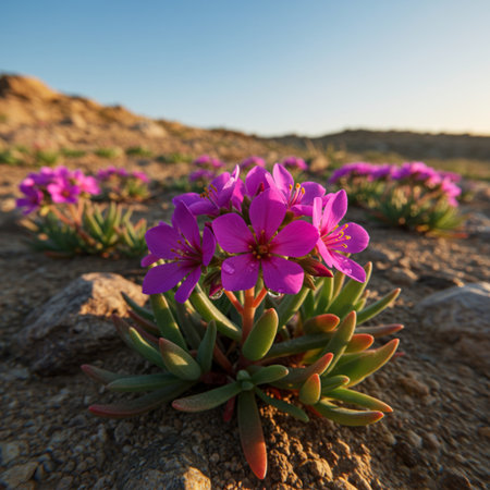 Flowering plants in the desert at sunset, Cape Town, South Africaの素材
