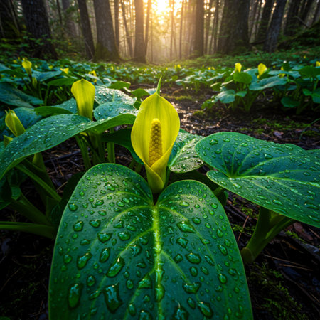 Skunk cabbage (Euphorbia japonica) in the forest.の素材