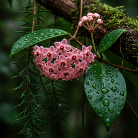 Hoya flower with water drops on green leaves background. Hoya cardunculusの素材