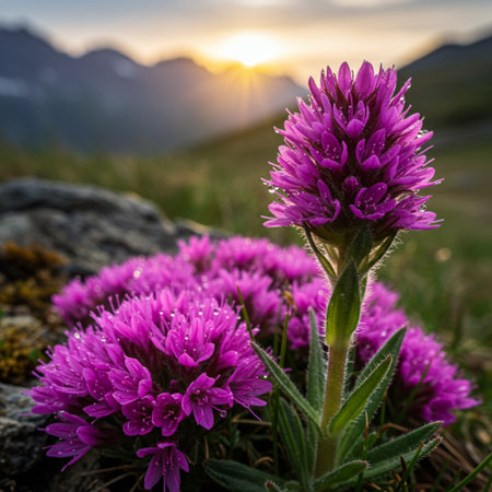 Purple flowers in the mountains at sunset. Beautiful summer landscape.の素材