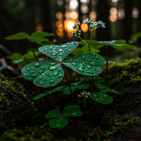 Water droplets on a clover leaf in the forest at sunsetの素材