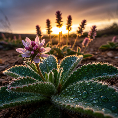 Beautiful sunset in the desert with blooming plants and flowers.の素材