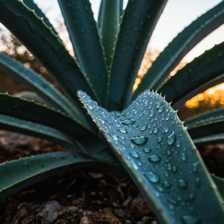 Aloe vera plant with dew drops close up at sunsetの素材