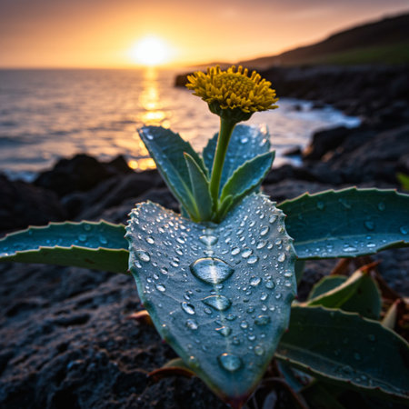 Water drops on a flower at sunset on the Atlantic coast of Portugalの素材