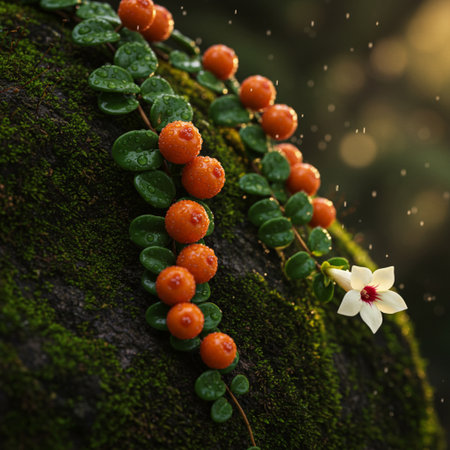 Orange berries with green leaves on a mossy stone in the forestの素材
