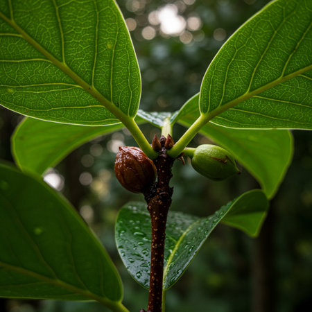 Close up of green leaves and fruits of a deciduous treeの素材