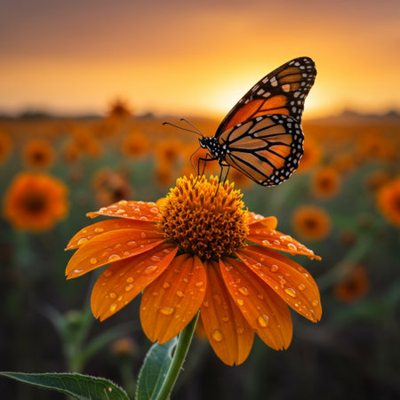 Butterfly on a flower in the sunflower field at sunsetの素材