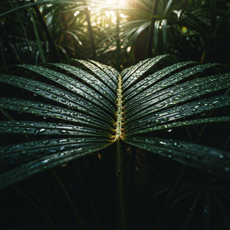 Close up of tropical palm leaf with morning dew. Nature backgroundの素材