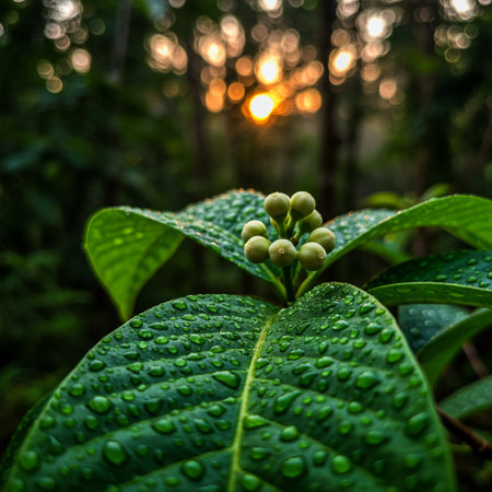 Close up of green leaves with water droplets in the morning.の素材