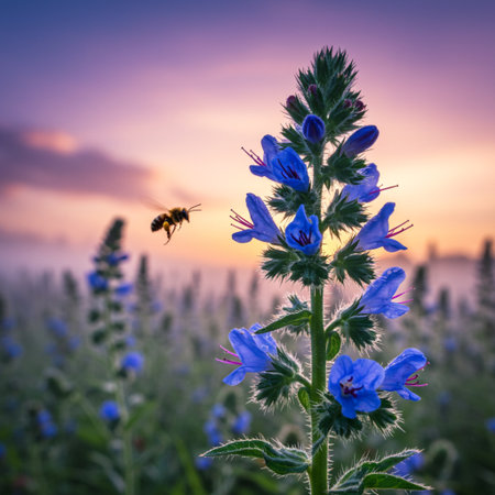Blue flowers of Echium vulgare and bee on sunset backgroundの素材