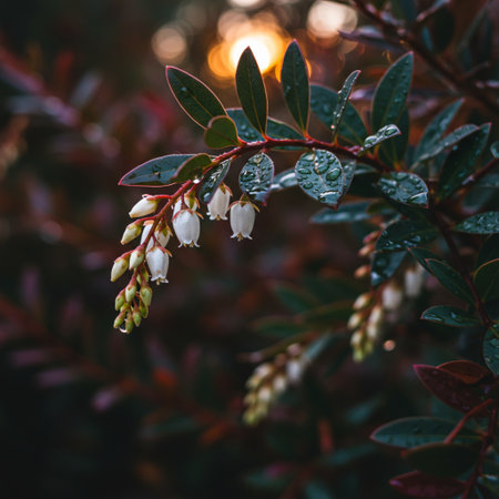 native Australian white heather plant with green leaves and flowers outdoor shot at shallow depth of fieldの素材