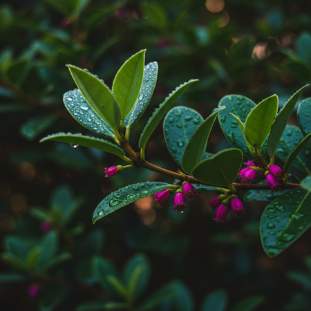 Green leaves and pink flowers with dew drops, natural background.の素材