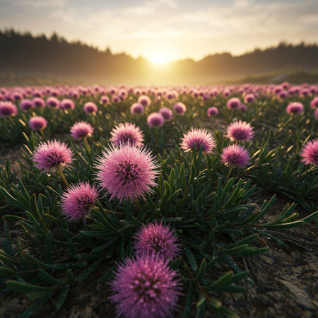 Pink flowers in the field at sunset. Nature background. Landscape.の素材