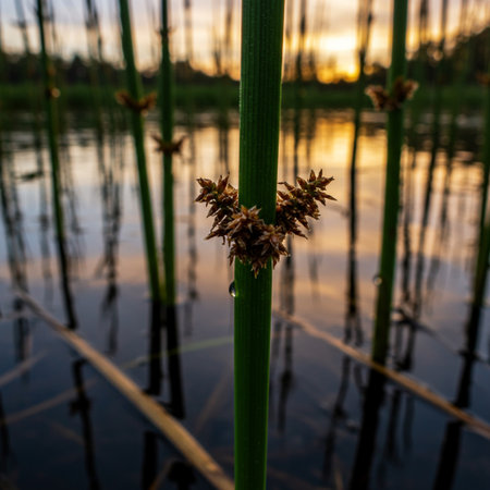 A closeup of a reed plant in a swamp at sunsetの素材