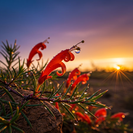 Red flowers with dew drops on a background of the setting sunの素材