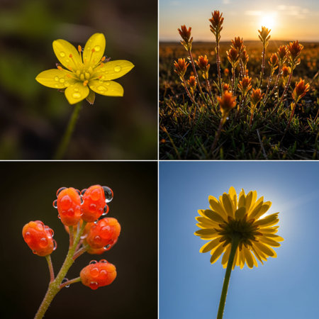 Collage of photos with wild flowers in the meadow at sunsetの素材